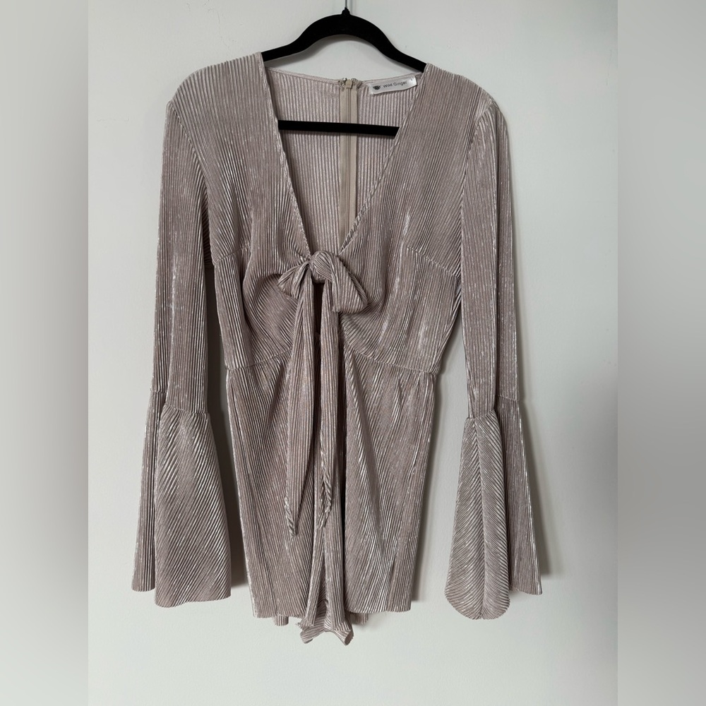 Wild Ginger Metallic Bell Sleeve Tie Front Romper